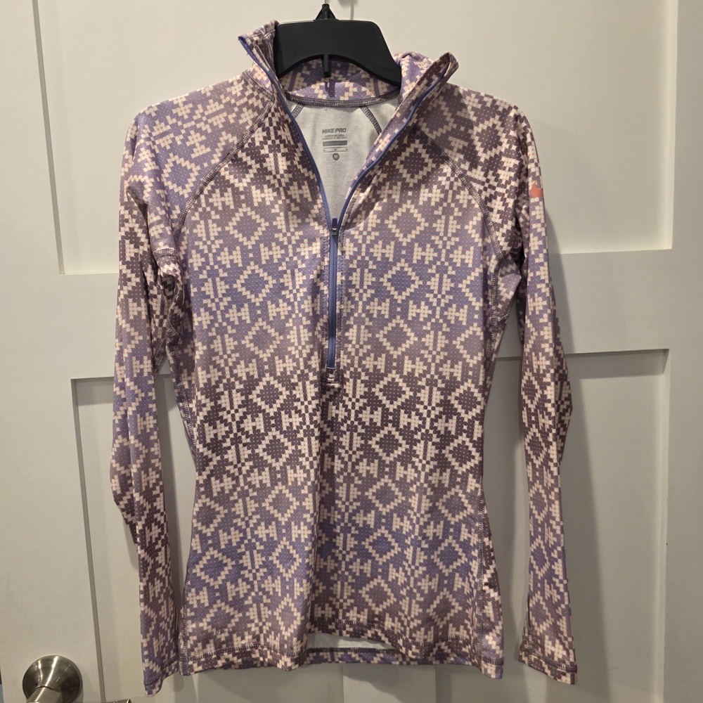 Nike Pro Hyperwarm Dri Fit Quarter Zip Long Sleeve Top M Purple Pink Aztec